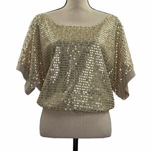 LA Mamba Cream Sequined Relaxed Blouse Size Small